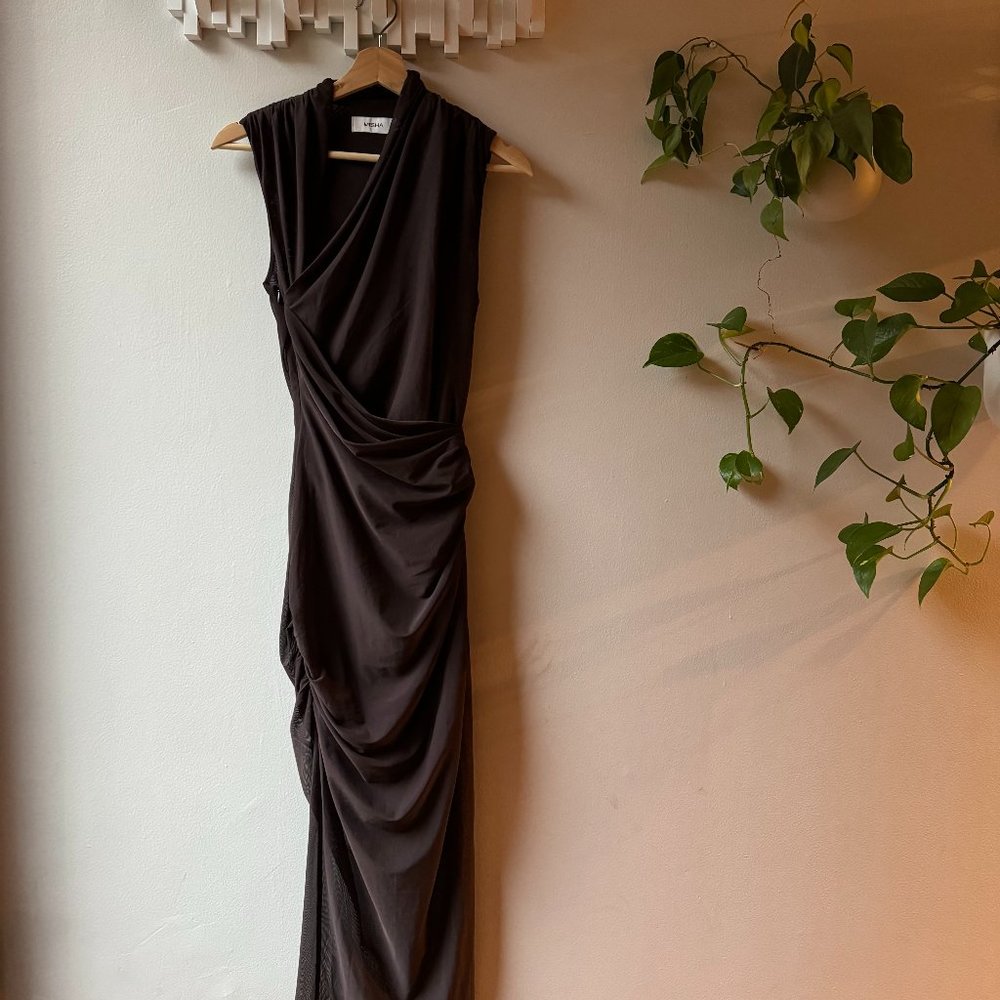 Misha Asymmetrical Mesh Dress - Brown (Size: S)